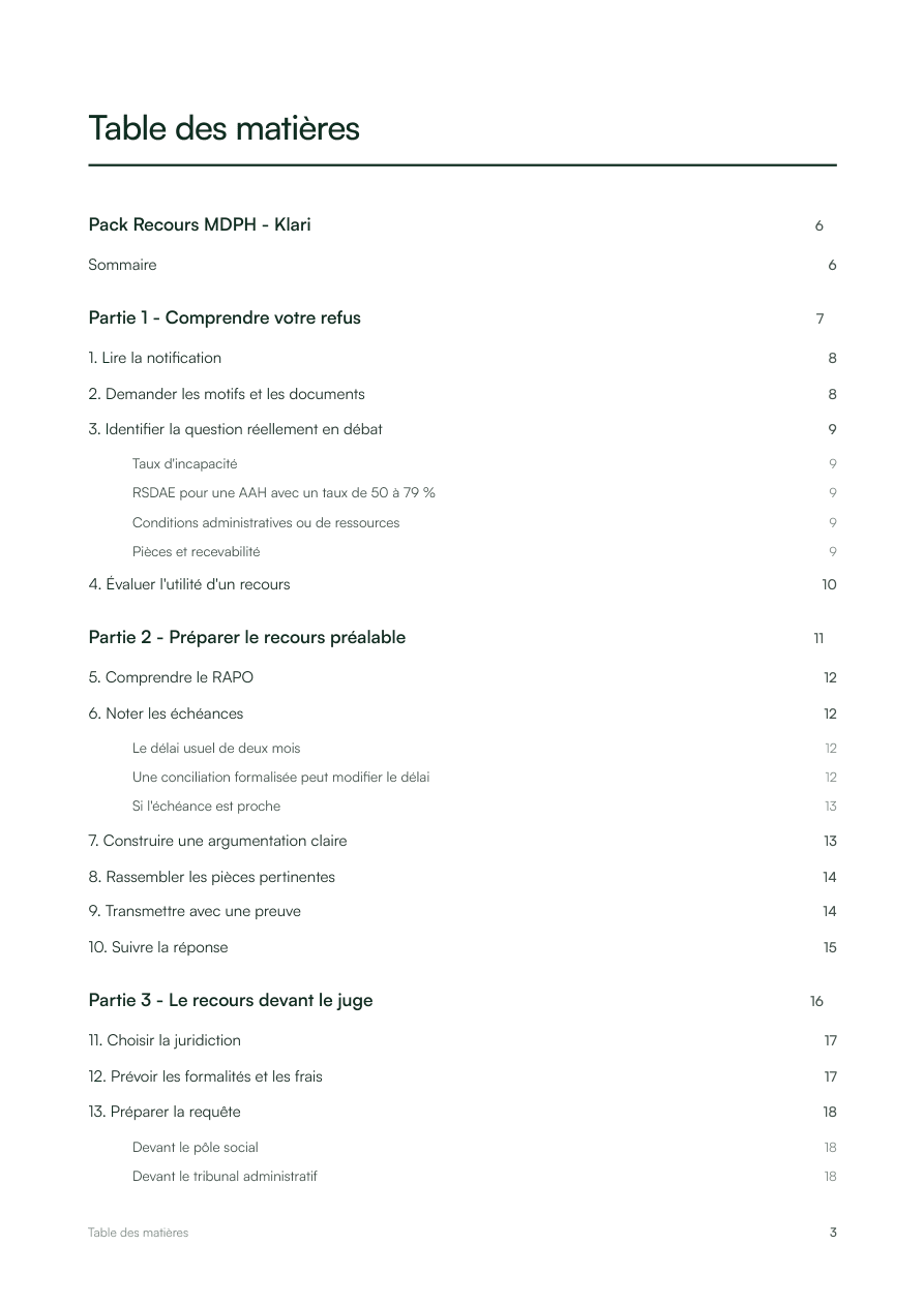 Pack Recours MDPH, page 3 : Sommaire du guide